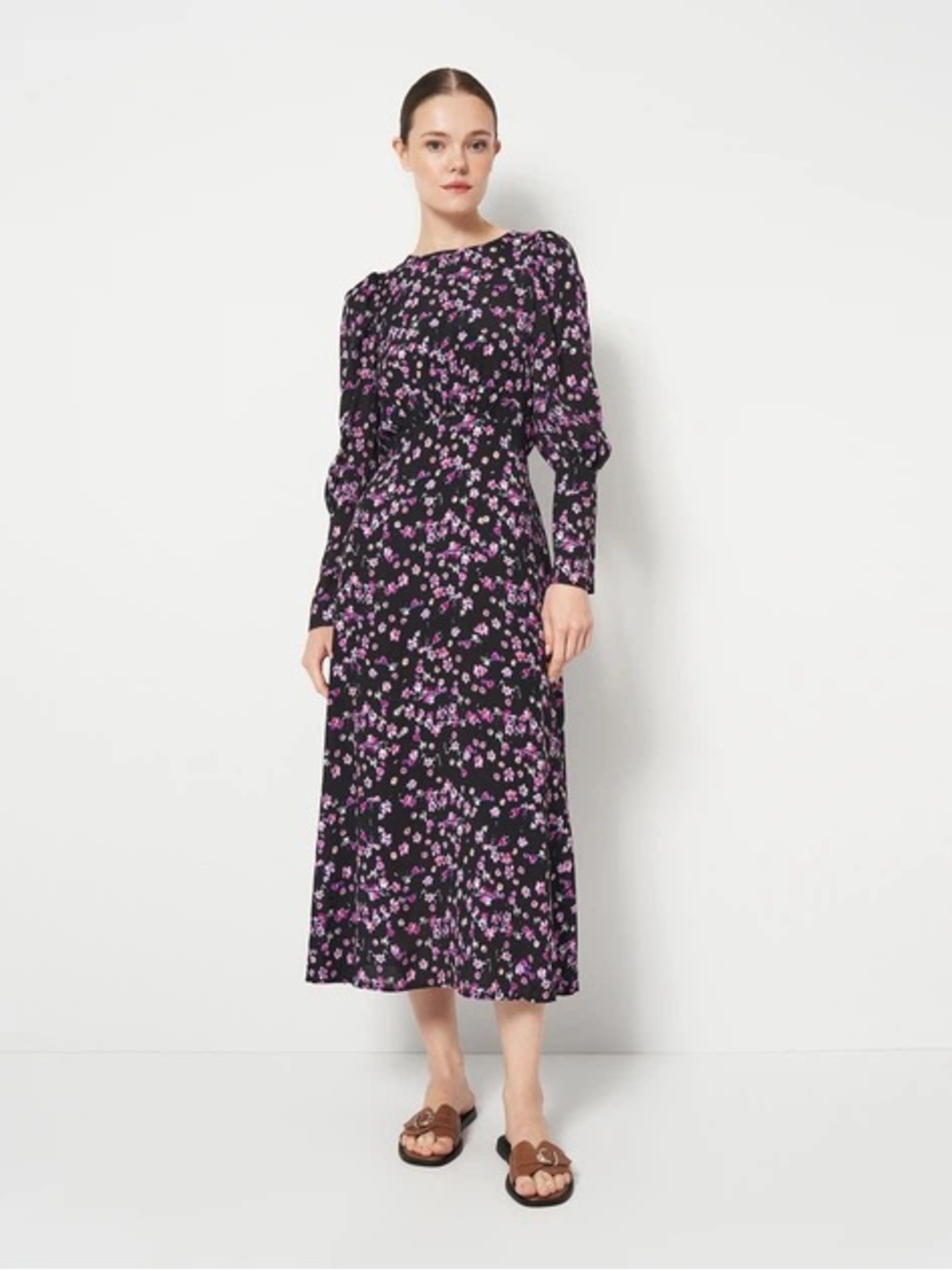 H&M Black XS Midi Dress with Purple Floral Print